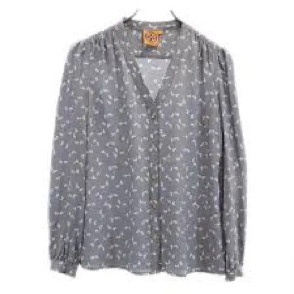 Tory Burch Gray Button-Up Blouse with Floral Pattern size 4 - Image 2