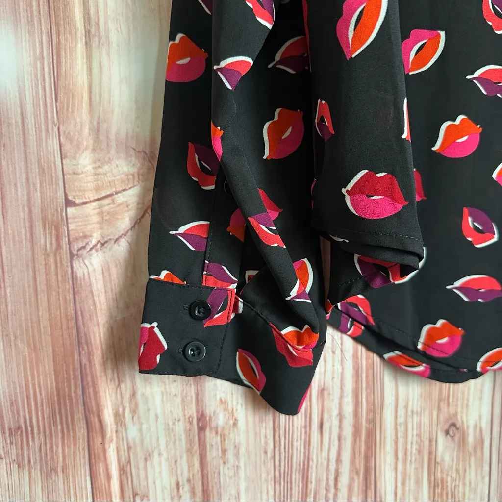 Torrid Black Sz 0 Pink Lips Lizzie Georgette Button Up Long Sleeve Shirt L 12 - Image 13