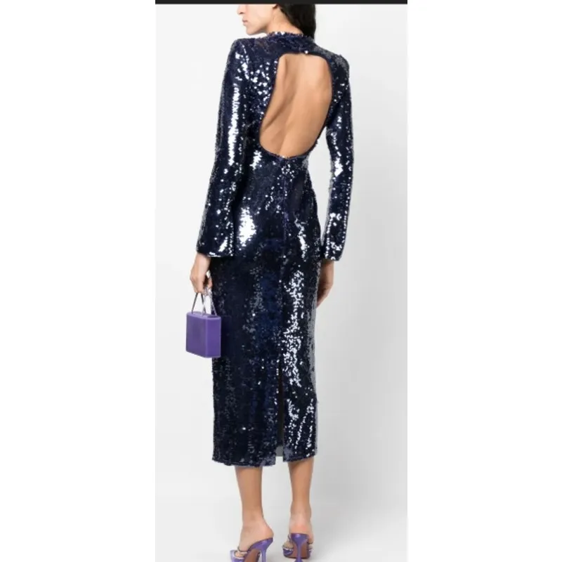 SELF PORTRAIT back cutout sequin long sleeve Open Back blue midi dress size 0 - Image 14