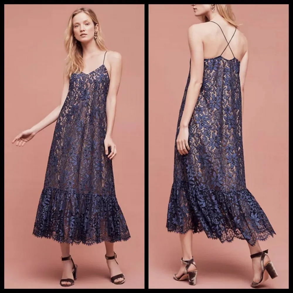 💕MOULINETTE SOEURS ANTHROPOLOGIE💕 Celestial Lace Maxi Dress Navy Blue 12 NWOT - Image 3
