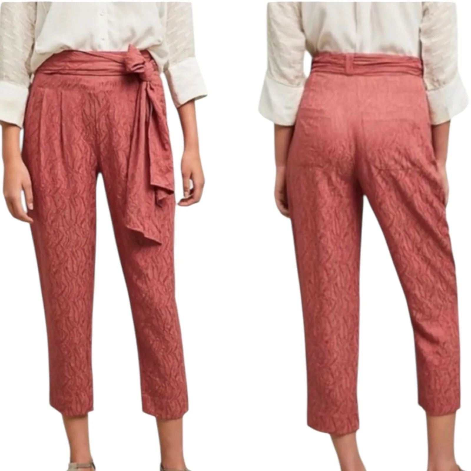 NWT Anthropologie ett:twa Aubade Tie Waist Cropped Rose Jacquard Pants Size 4 - Image 2