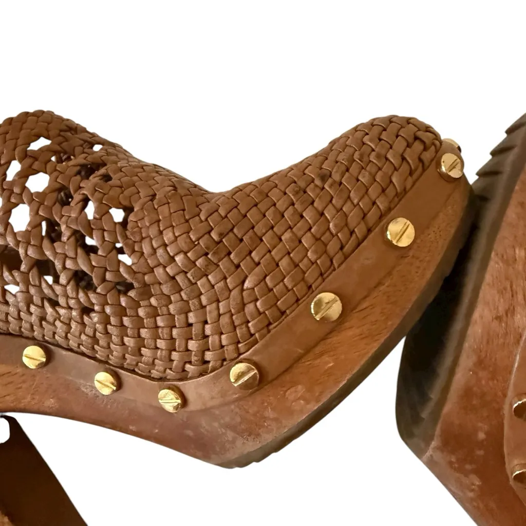 Tory Burch Widdieanne Woven‎ Leather Wood Heel Clog Sandals Women's Size 9 - Image 5