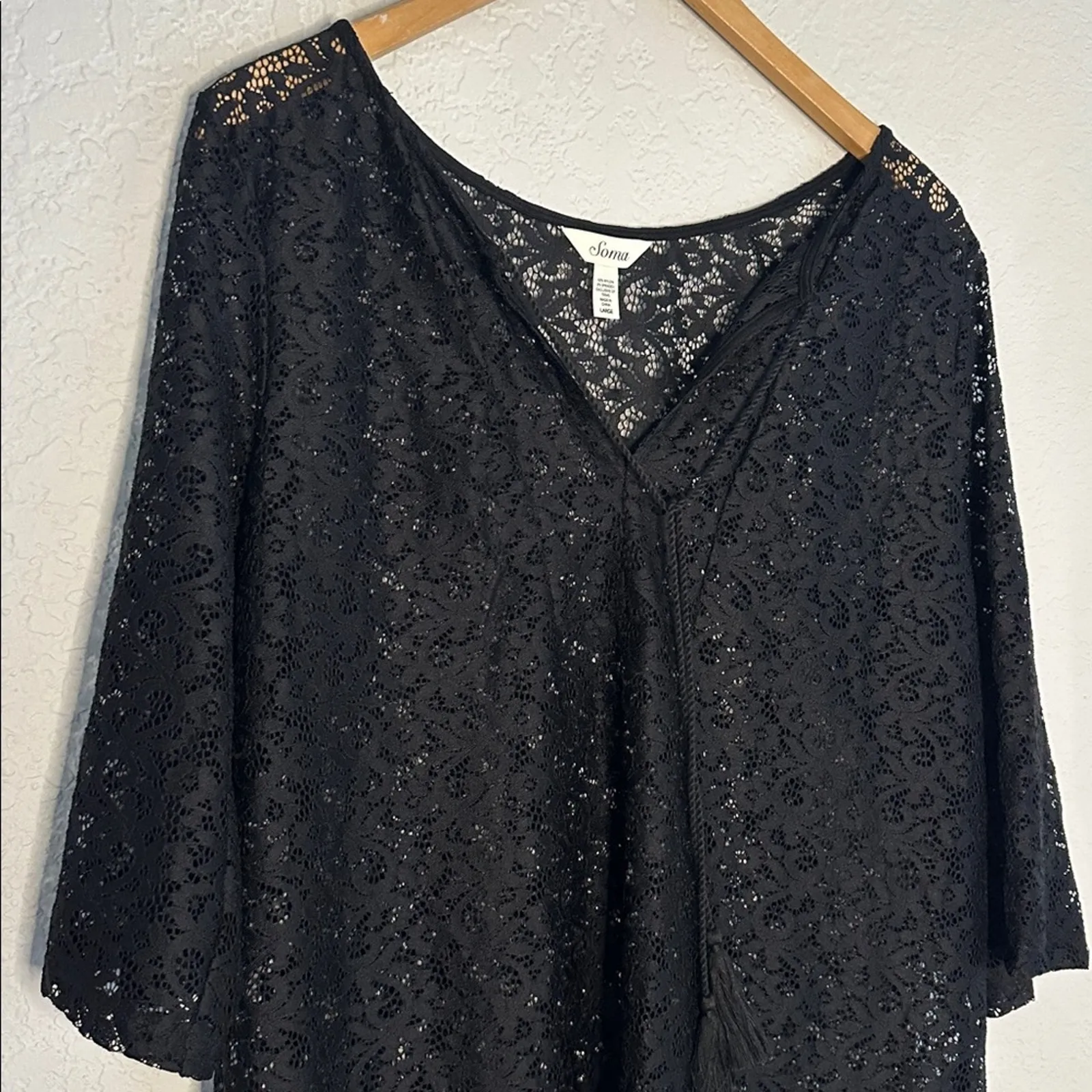 Soma Black Sheer Coverup Lace Dress V Neck Tassel Tie Vacation Tunic Large - Image 2