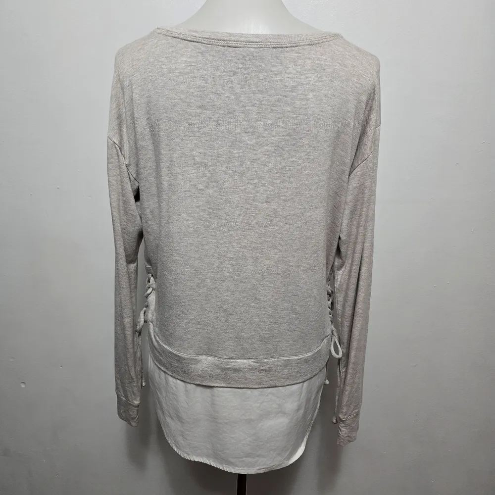 White House Black Market Beige Lace-Up Poplin Hem Sweatshirt Size Medium - Image 5