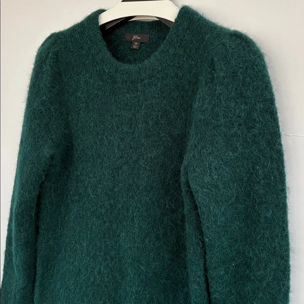 J. Crew Puff Sleeve Fuzzy Crewneck Sweater In Old Forest Alpaca Merino Blend XS - Image 4