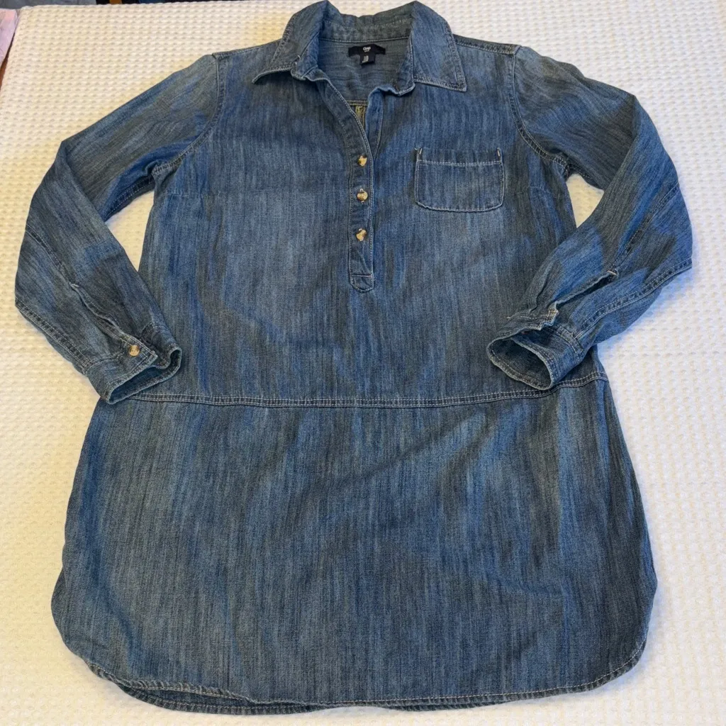 GAP Size MEDIUM Blue Denim Drop Waist Shirt Dress Tunic Popover Long Sleeve - Image 9