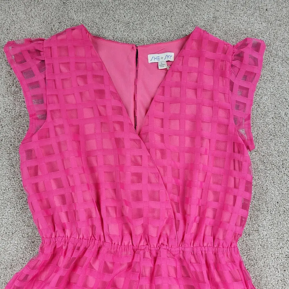 She + Sky Romper Womens L Bright Pink Windowpane Sleeveless V-Neck Lined New - Image 5