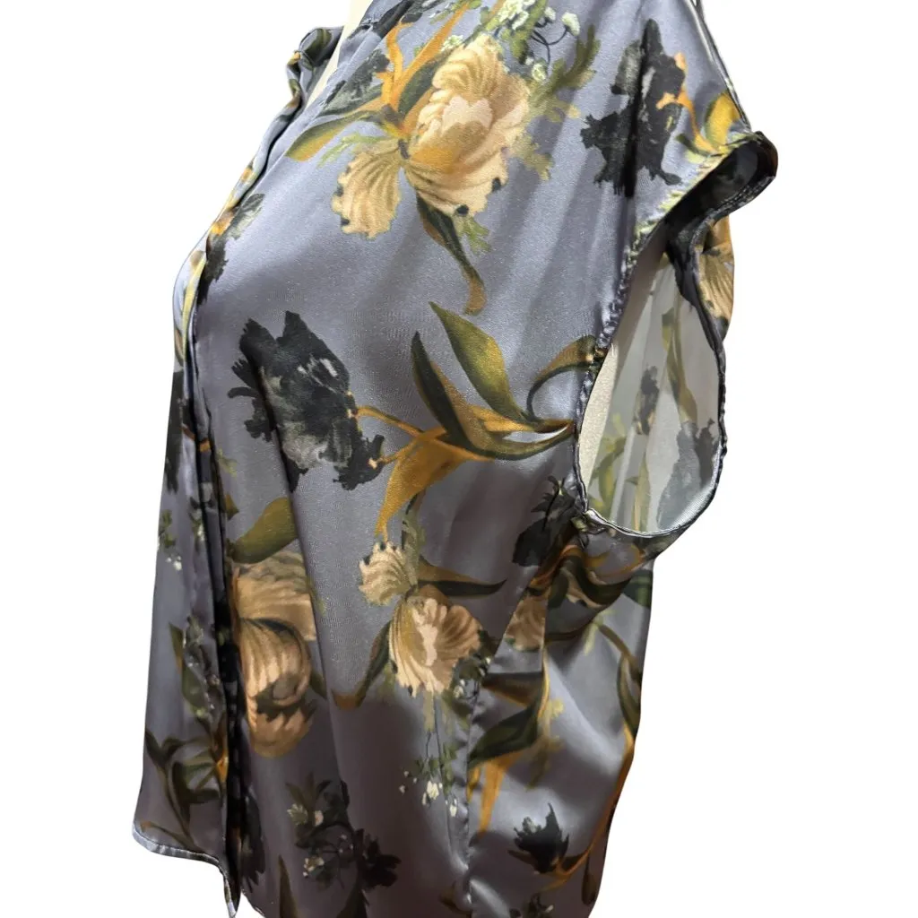 Elie Tahari Womens Floral Satin Top Party Blouse Size S Gray Blue Short Sleeve - Image 7