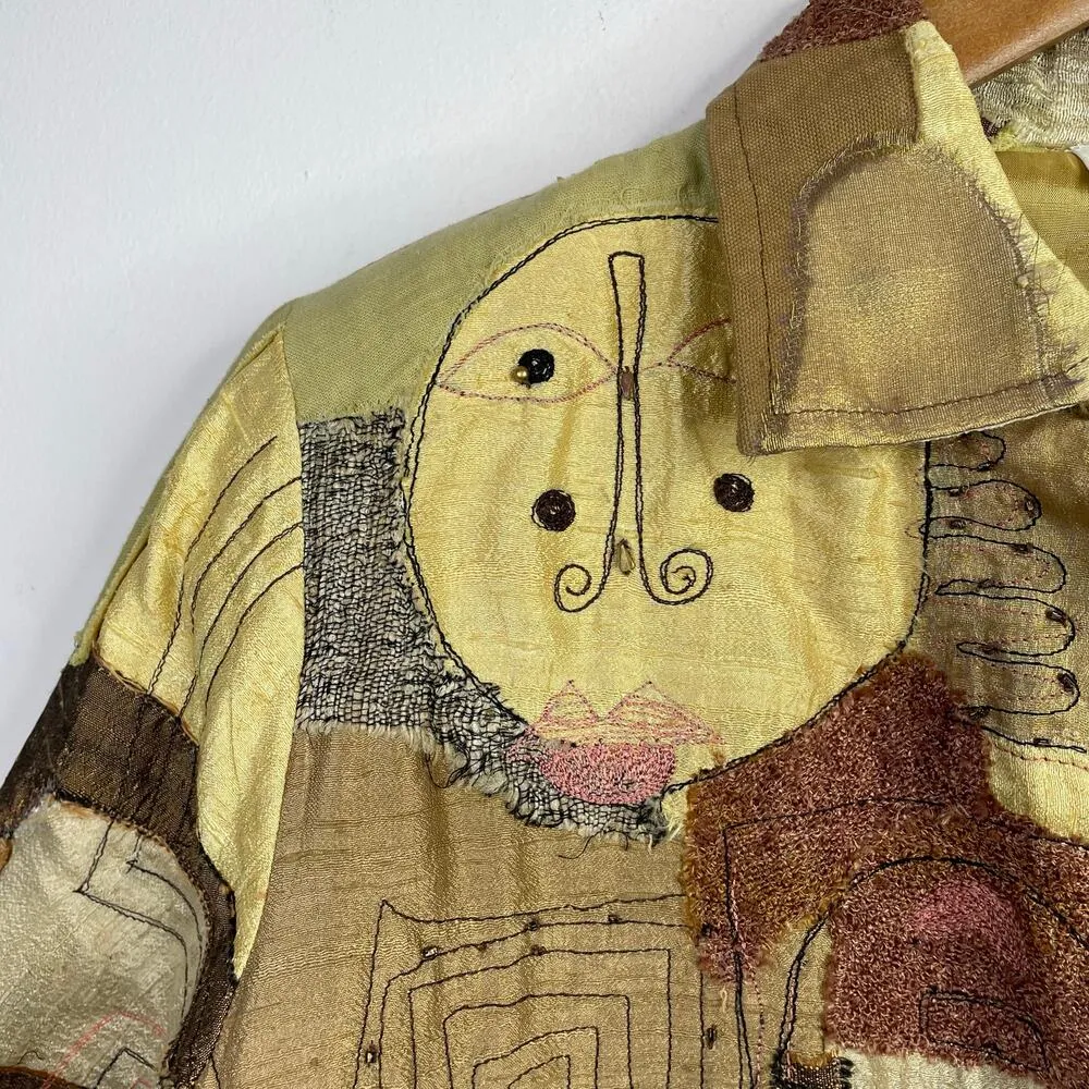 Vintage Y2K Sandy Starkman Silk Patchwork Tribal Abstract Faces Cropped Jacket L Brown Size L - Image 7
