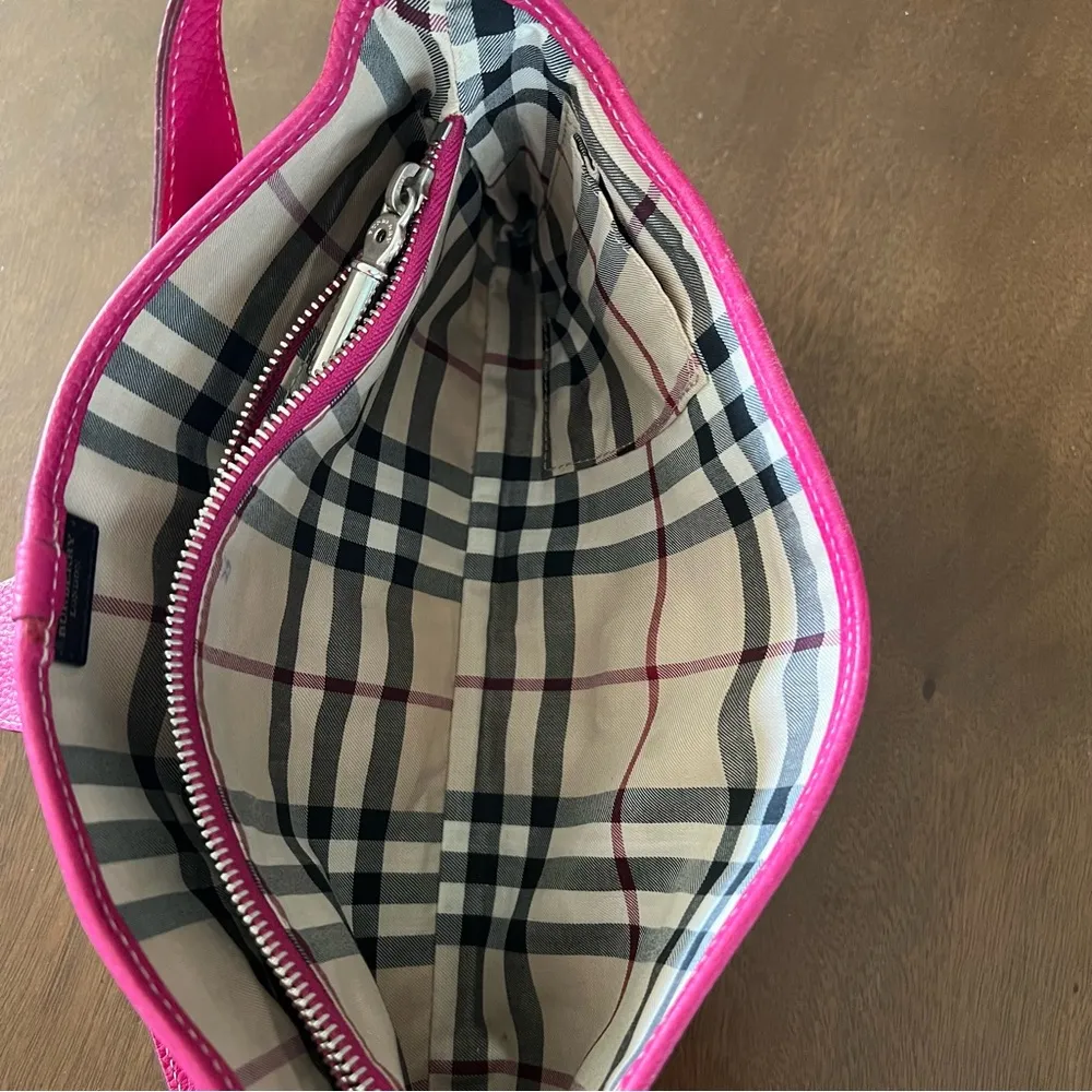 Women’s Burberry Pink Leather Shoulder Baguette Bag Plaid Liner Silver Hardware - Image 7