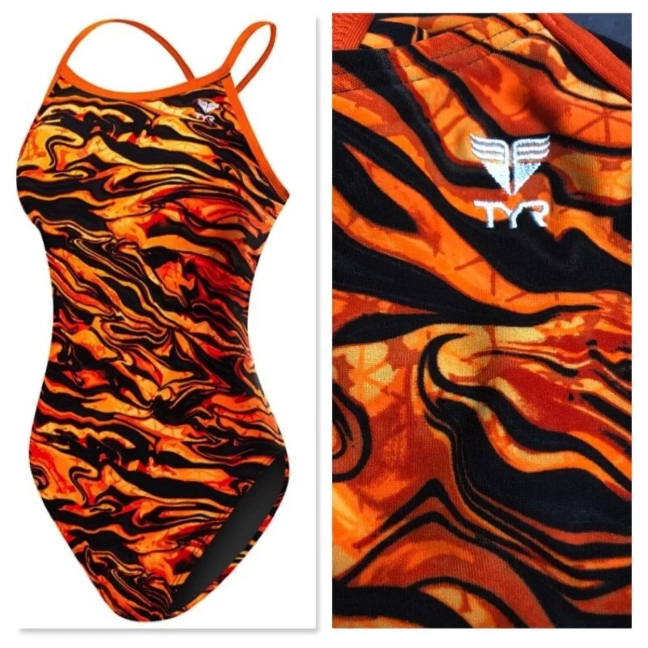 Womens 32 TYR Miramar Cutoutfit One Piece Swimsuit Black/Orange Durafast Orange - Image 2
