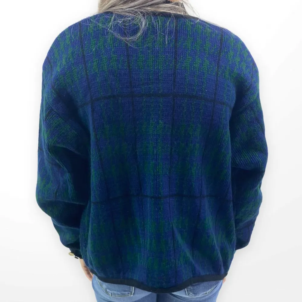 90s TALLY HO Green and Blue Plaid Gold Button Accent Button Up Cardigan Size L - Image 5