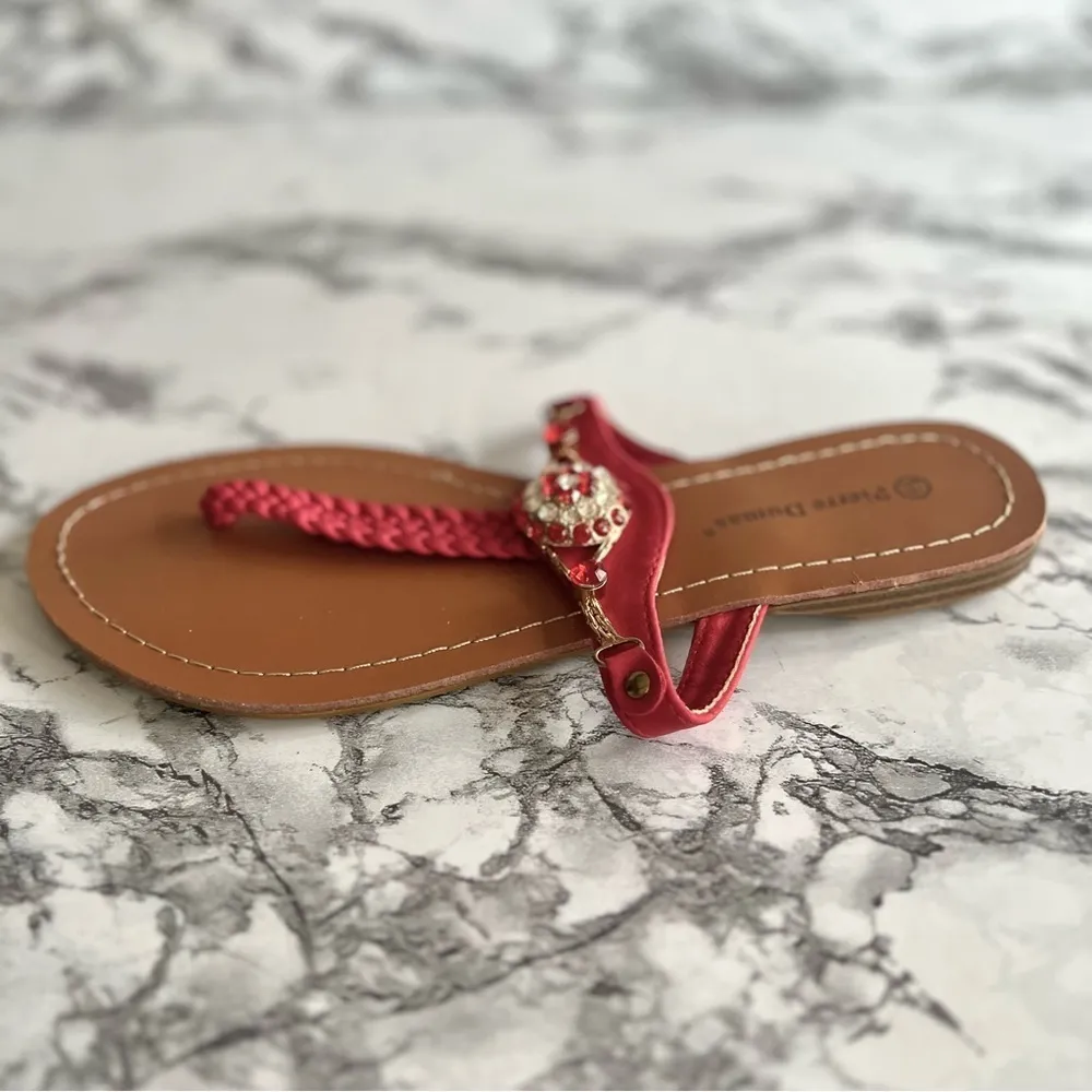 Pierre Dumas Passion Red Embellished Flat T Strap Sandal 5.5 - Image 10