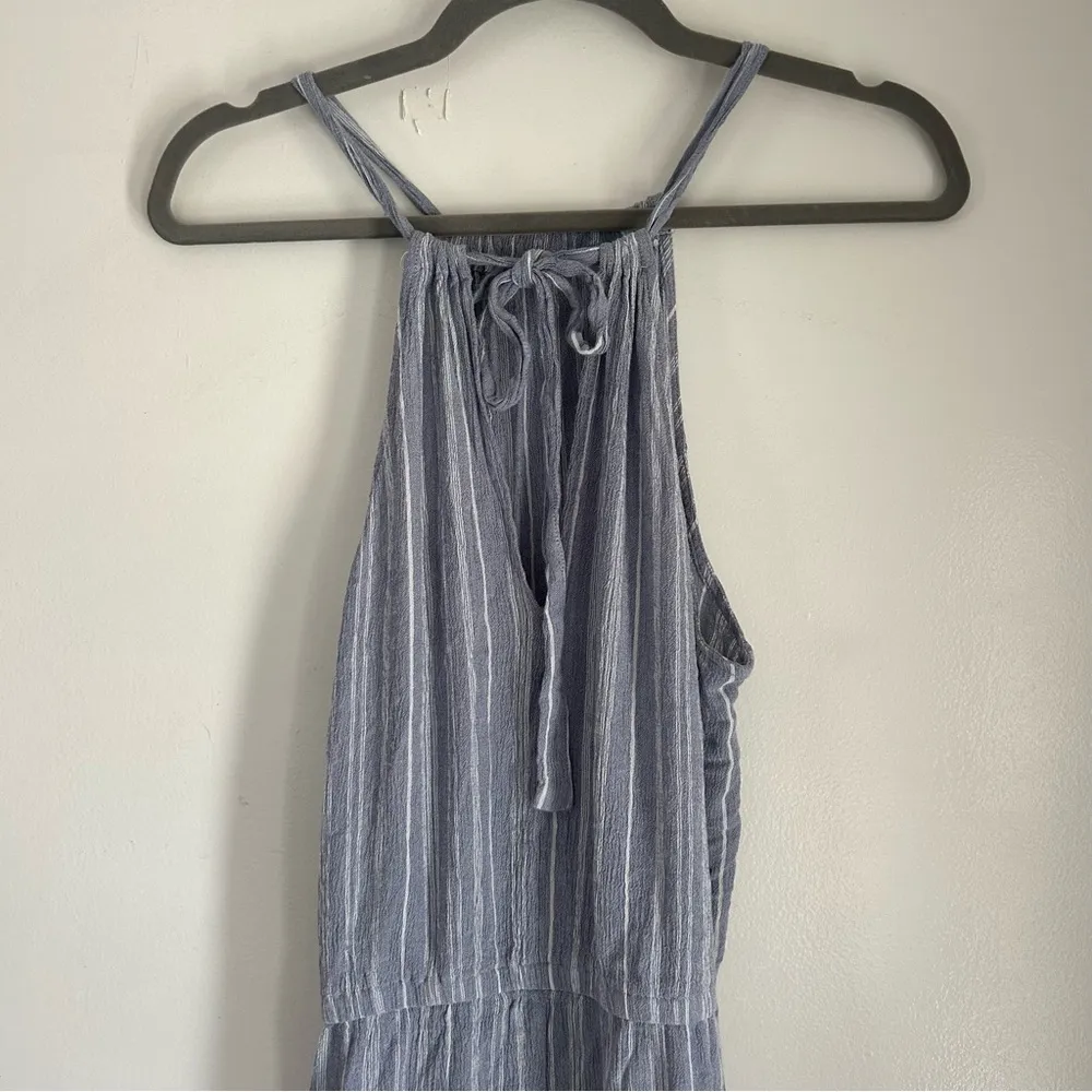 Lovestitch High Neck Chambray Blue Ivory Stripe Maxi Dress L - Image 6