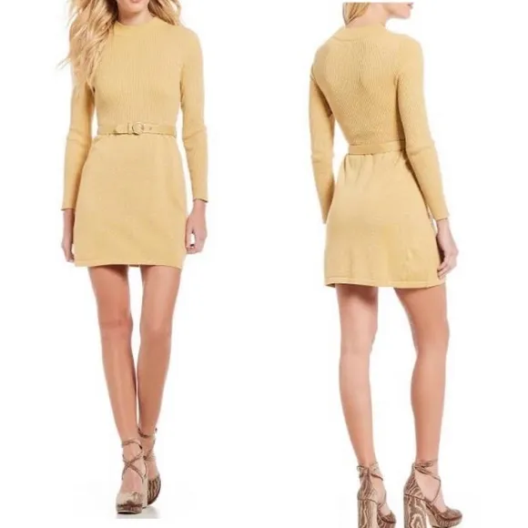Free People French Girl belted A-line Mini Dress Gold NEW Size Large - Image 2