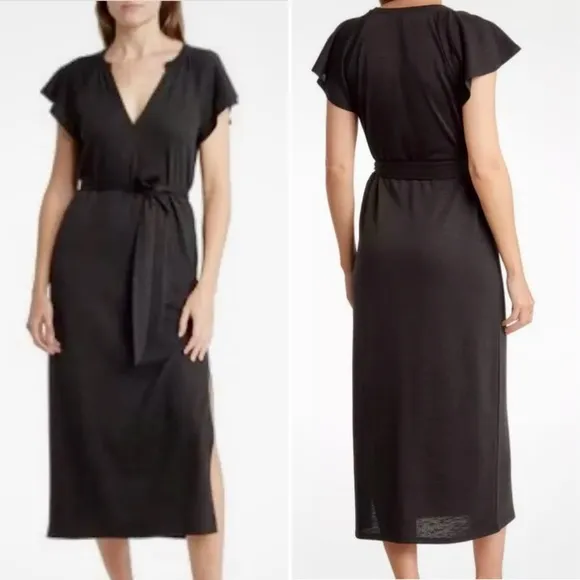 PAIGE Blossom Knit Flutter Sleeve Side Slit Midi Dress — Black Women’s Medium - Image 2