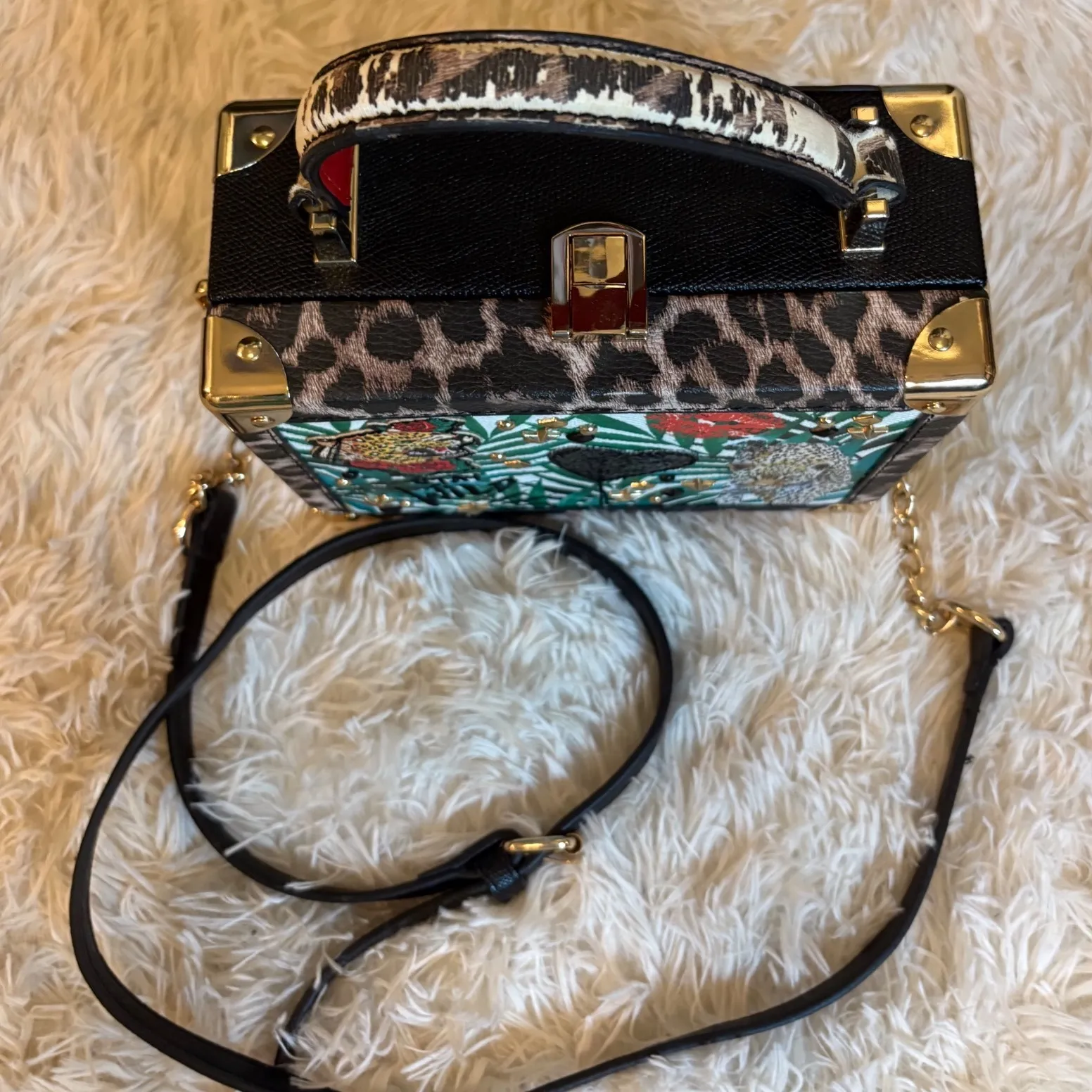 HOT ALDO‎ Wild Jungle Print Box Bag Leopard Lips Heart Crossbody Chain Handbag - Image 3