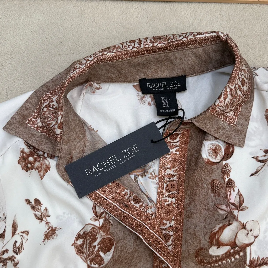 Rachel Zoe Satin Short Sleeve Button Down Collared Blouse Shirt Boho Brown Small - Image 7