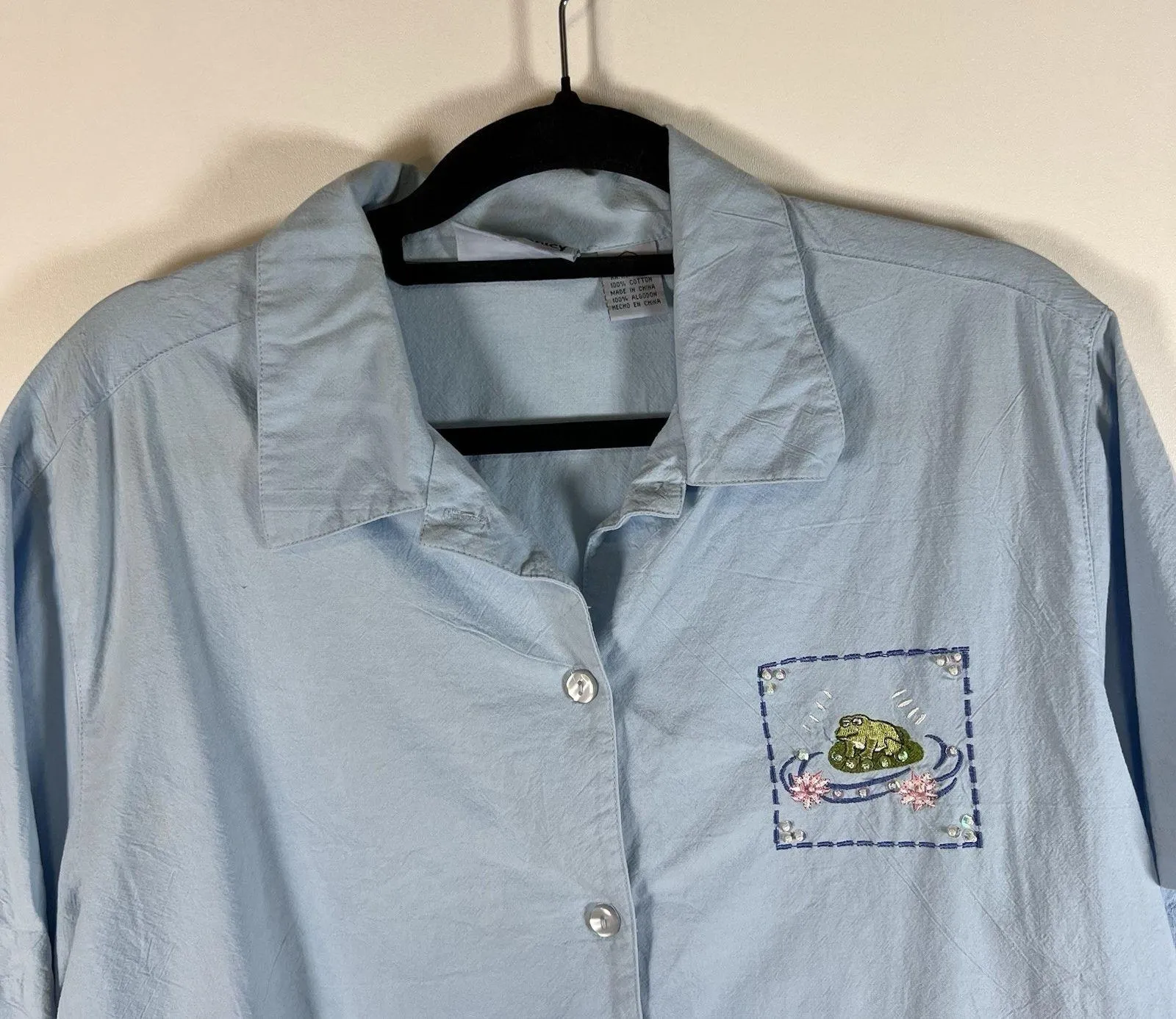Jane Ashley Blue Floral Frogs Embroidered Y2k 90s Top Button Up XL Shirt Sequins - Image 2