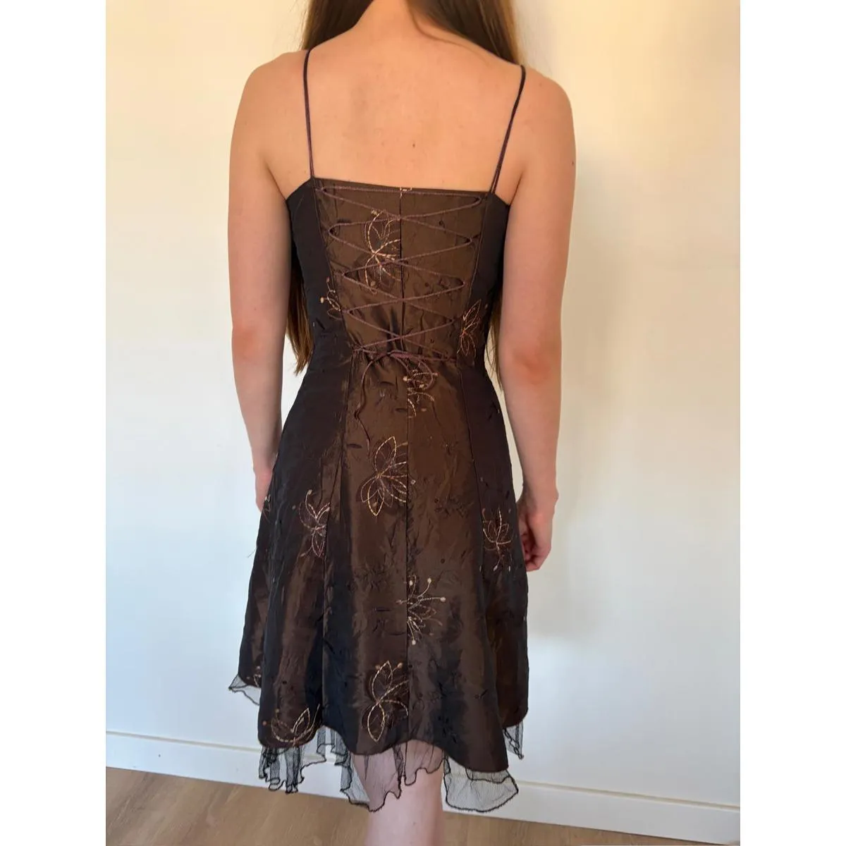 Vintage Girly Witchy Brown Floral Embroidered Lace Up Back Fit and Flare Dress - Image 4