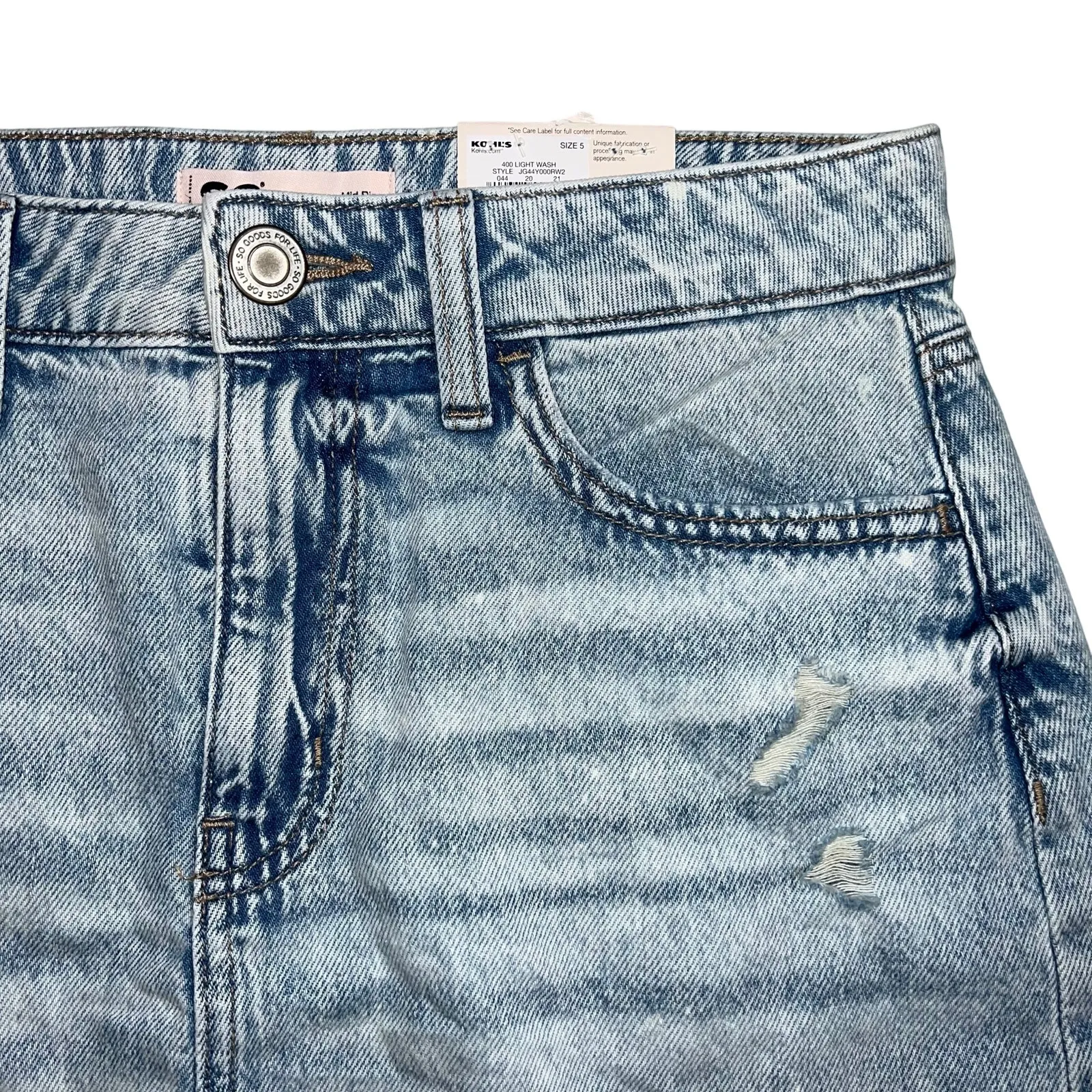SO Womens Mid Rise Denim Blue Jean Mini Skirt Light Wash Distressed Size 5 27W - Image 3