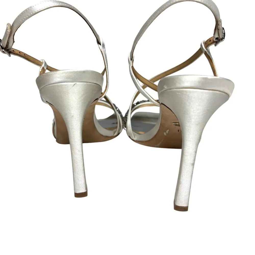 Badgley Mischka Rider White Satin Stiletto Heeled Sandal Beaded, Rhinestone 11 - Image 5
