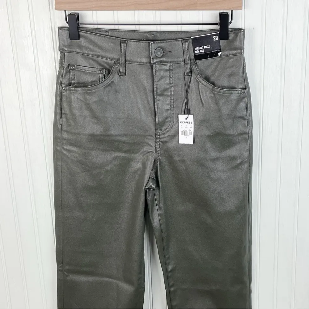 NEW Express Straight Ankle High Rise Faux Leather Pants Olive Green Size 2 - Image 3