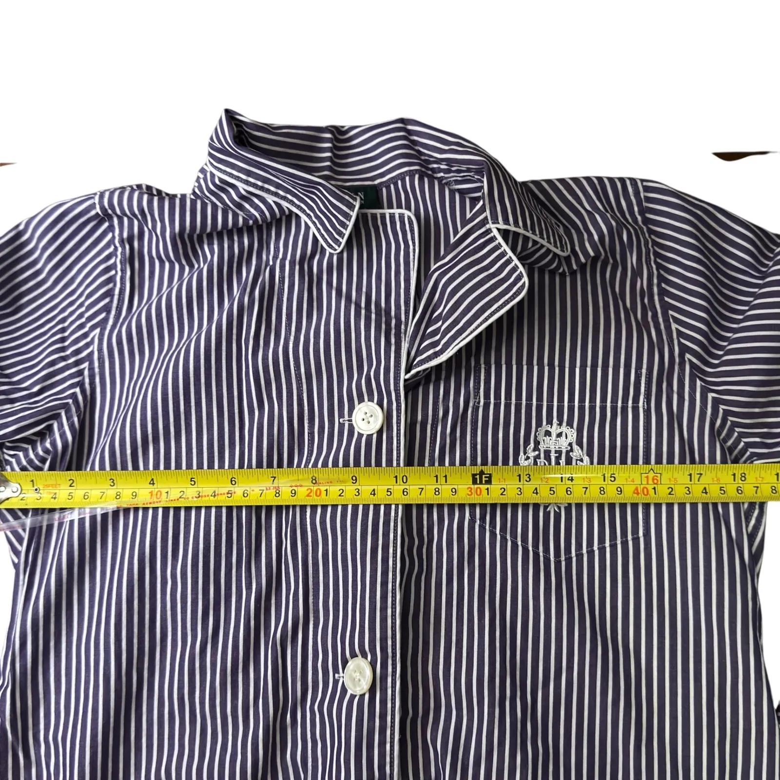 Lauren Ralph Lauren Sleep Shirt S/M Striped Nightgown Pajama Top Crown Logo Blue - Image 3