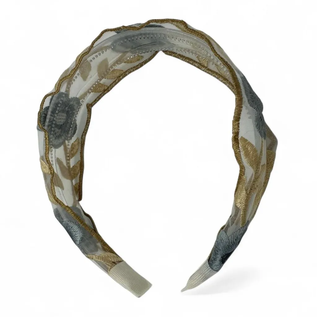 Korean Vintage Style Embroidered Floral Headband Blue Gold - Image 2