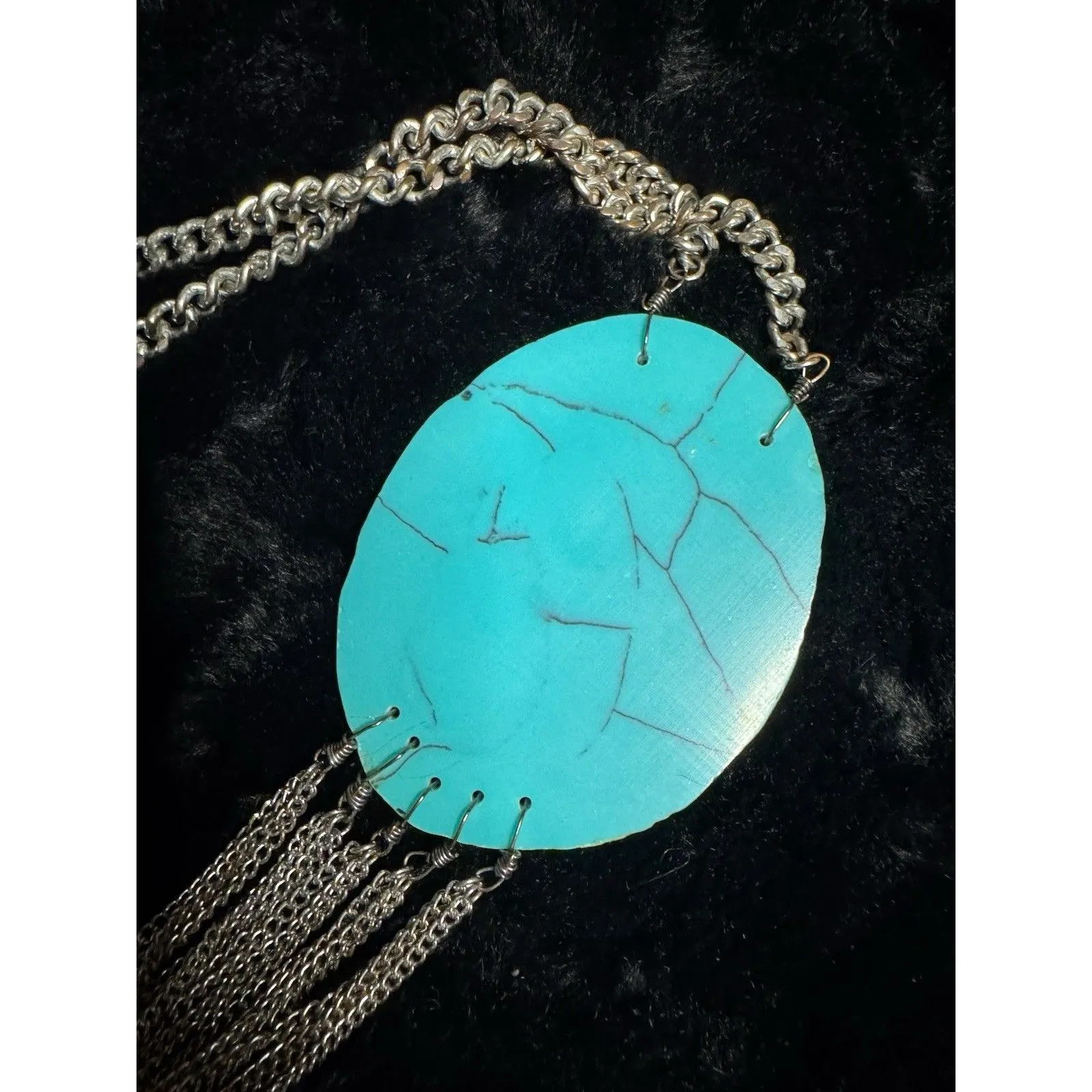 Boho‎ Style Turquoise Fringe Oval Silver Tone Chain Adjustable Necklace Western Blue - Image 6