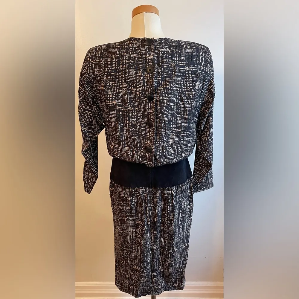 Vintage 1990s St. Gillian Kay Unger Silk & Suede Blouson Dress 10 Black & Cream - Image 8