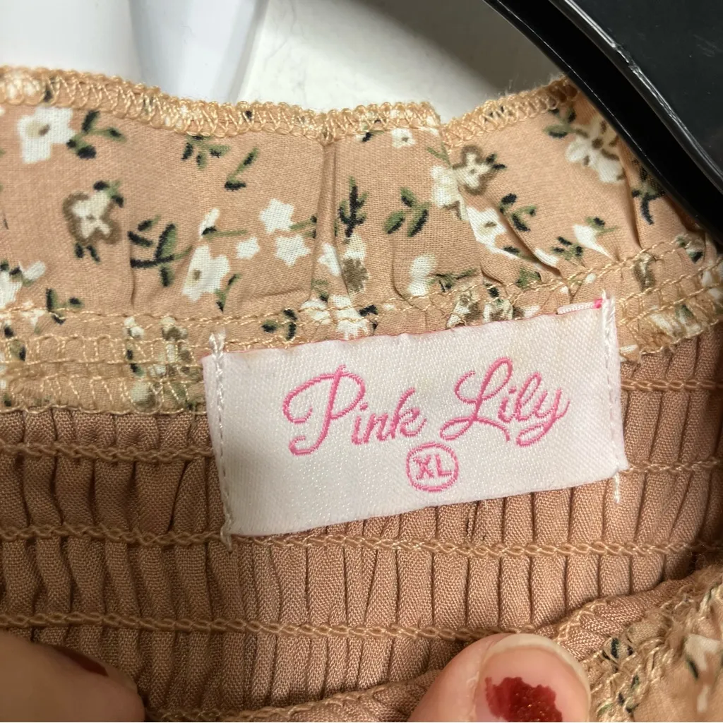 Pink lily tan pink floral smocked midi dress long sleeve women’s size XL cottage - Image 4