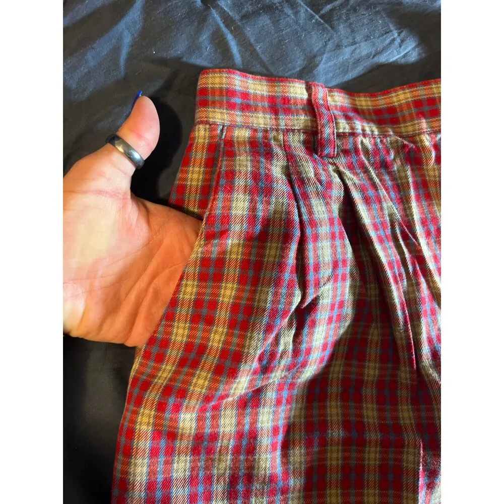 Vintage 90s Liz Sport red tan plaid high waist pleated wide leg mom shorts - Image 5