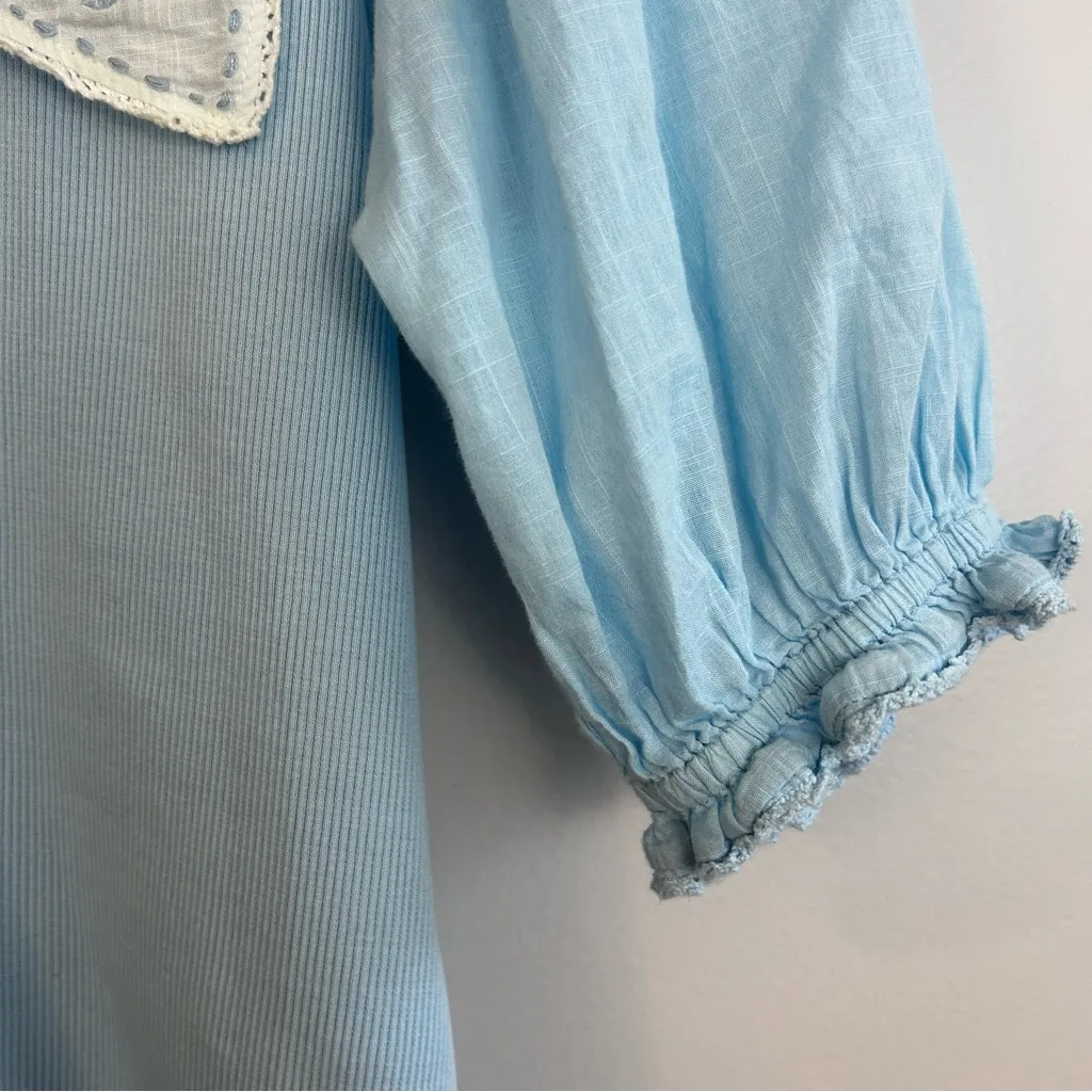 Athropologie Light Blue Embroidered Peter Pan Collar Ribbed Puff Top Blouse XS - Image 11