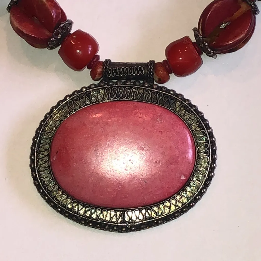 Vintage Pink and Red Coral Boho Western Beaded Necklace - Image 2