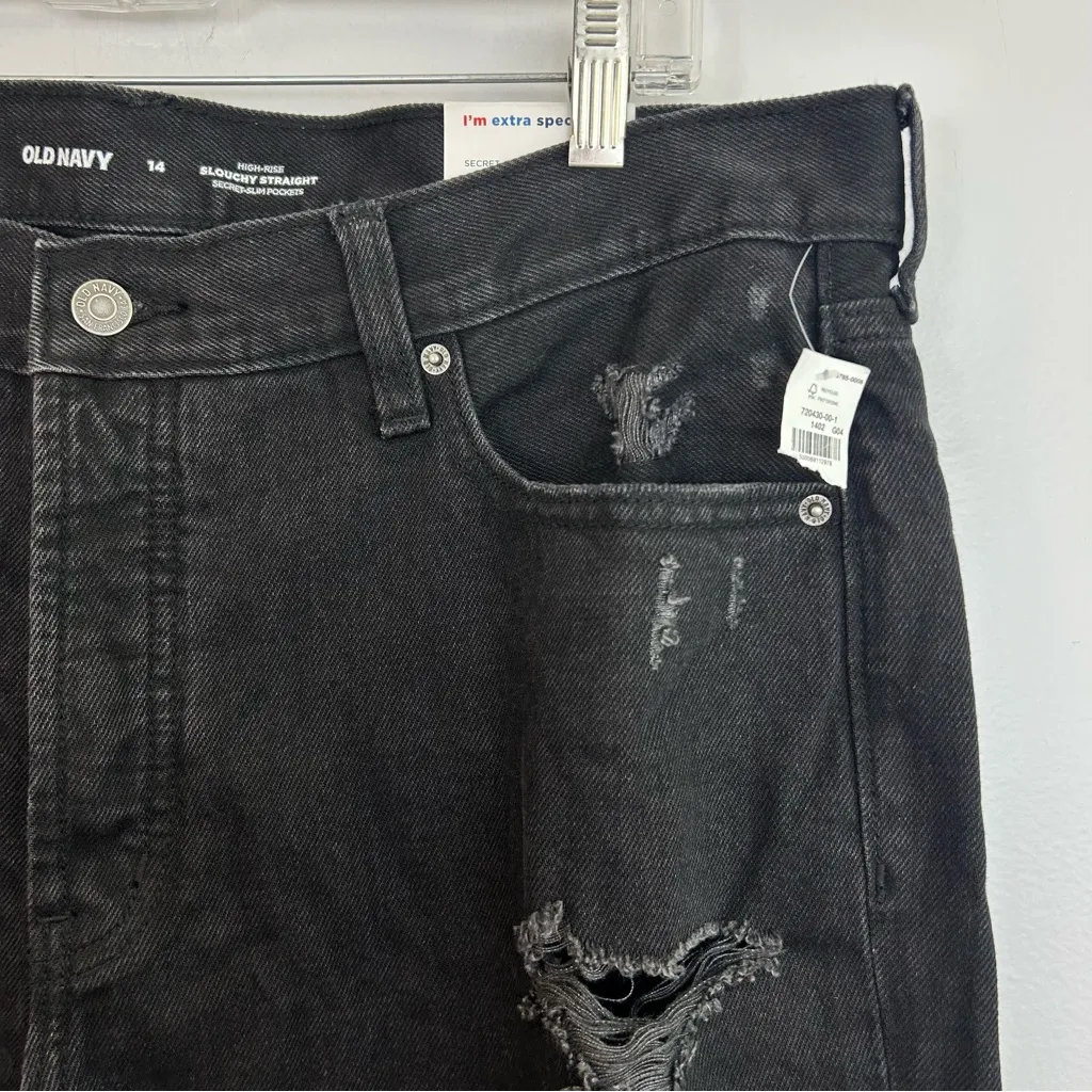 NWT Old Navy Black High Rise Slouchy Straight Distressed Black Denim Jeans Sz 14 - Image 5