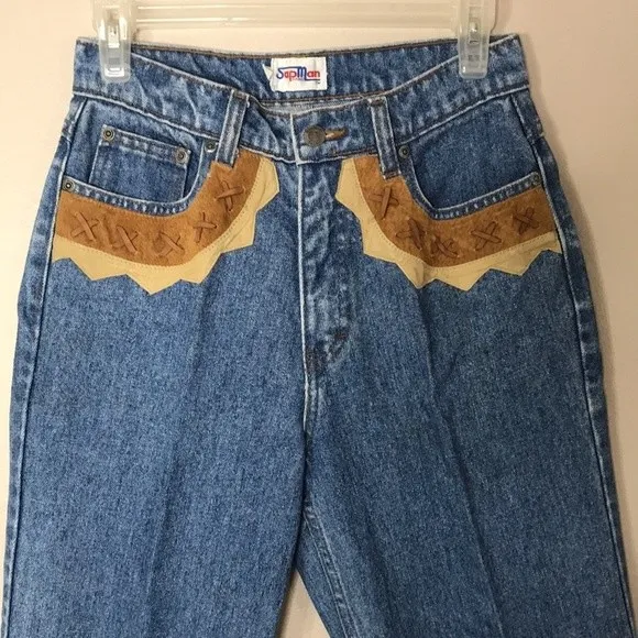 Vintage Sap Man denim jeans with leather details around pockets area size 10 Blue - Image 2