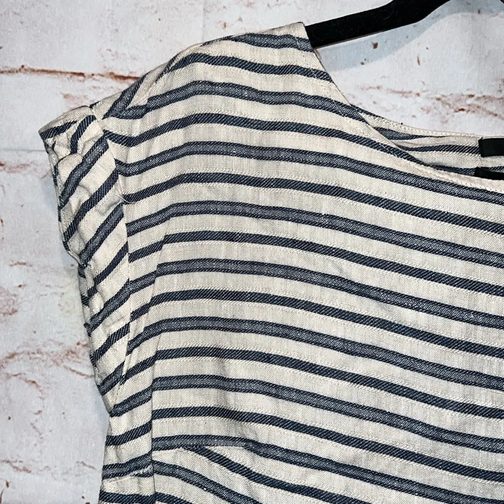 Tahari Dress Womens XS White Blue Linen Short Mini Shift Striped Short Sleeve - Image 4