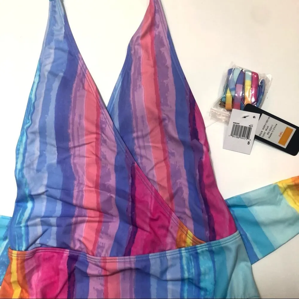 Rachel Roy Wrap Front Belted One Piece Swimsuit Blue - Image 5