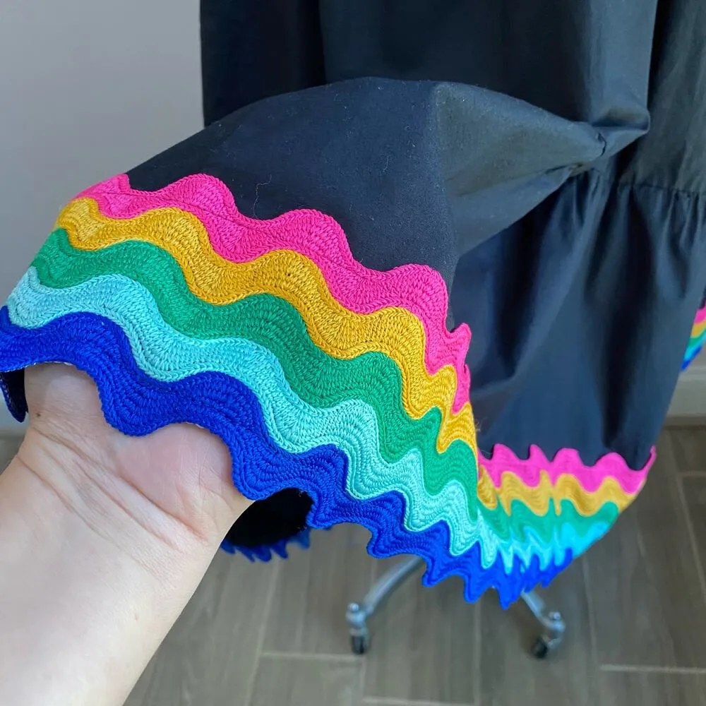Crown & Ivy Tiered Swing Dress Black Rainbow Hem Bow Back Size XS - Image 5