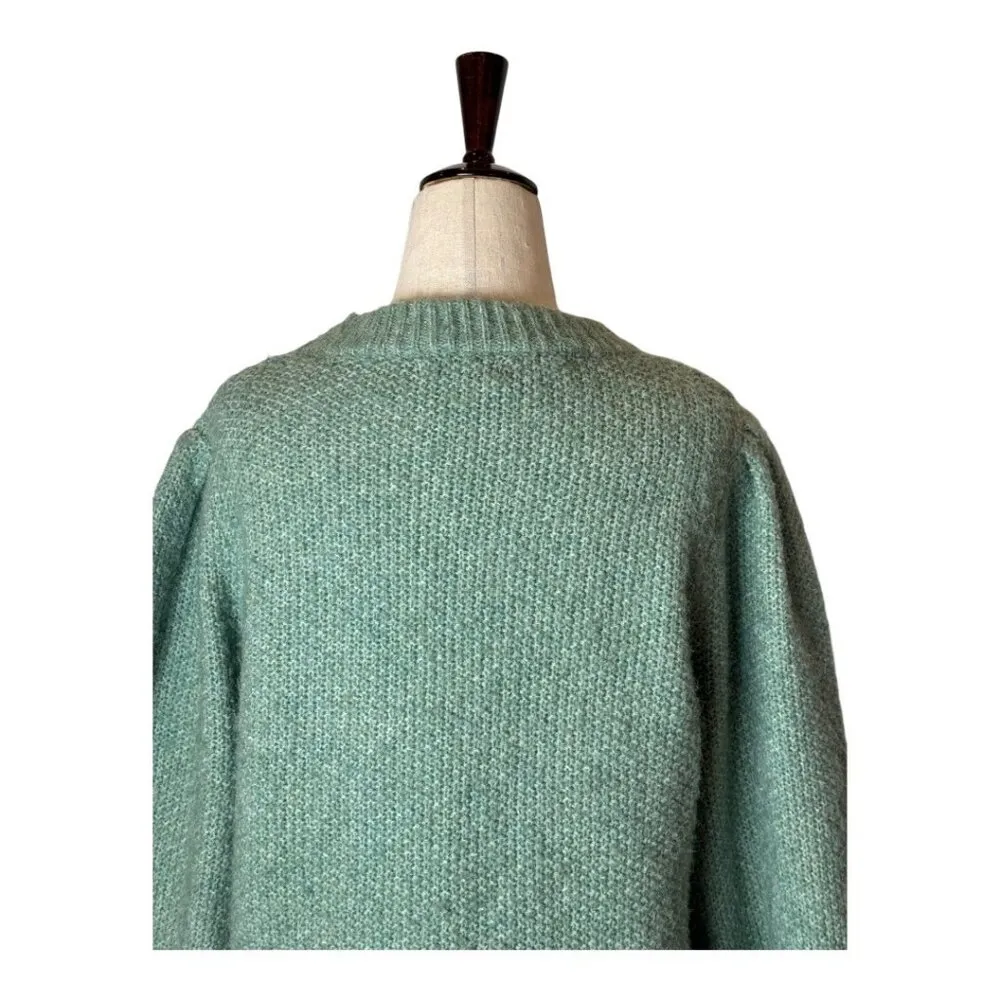 FRNCH Sweater Women Large Green Fuzzy Knit Puff Ballon Sleeve Crew Neck Pullover - Image 4