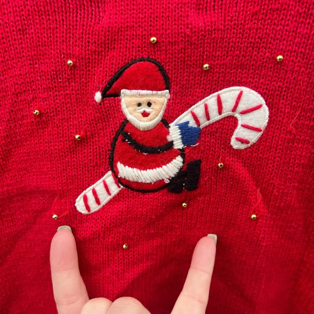 Vintage 90s Ugly Christmas Sweater Santa Tree Trimming Elves Cardigan SMALL Red - Image 5