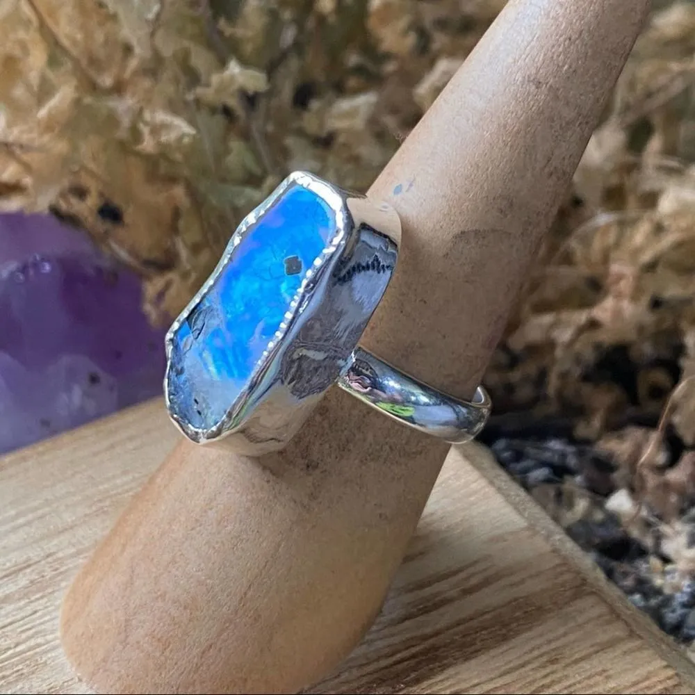 Sterling Silver Natural Black Tourmaline In Rainbow Moonstone Ring Size 6 - Image 5