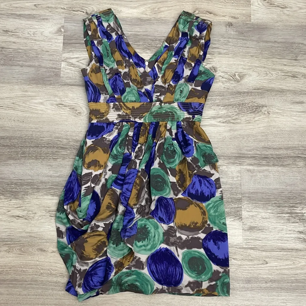 BCBGMaxAzria Multicolor 100% Silk Floral Faux Wrap Sleeveless Mini Dress Size 2 - Image 4