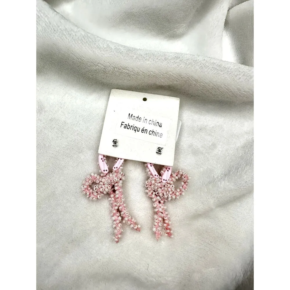 NEW Free People Brandy Bow Dangles Earrings Beaded In Pink Elegant Femme Funky - Image 3