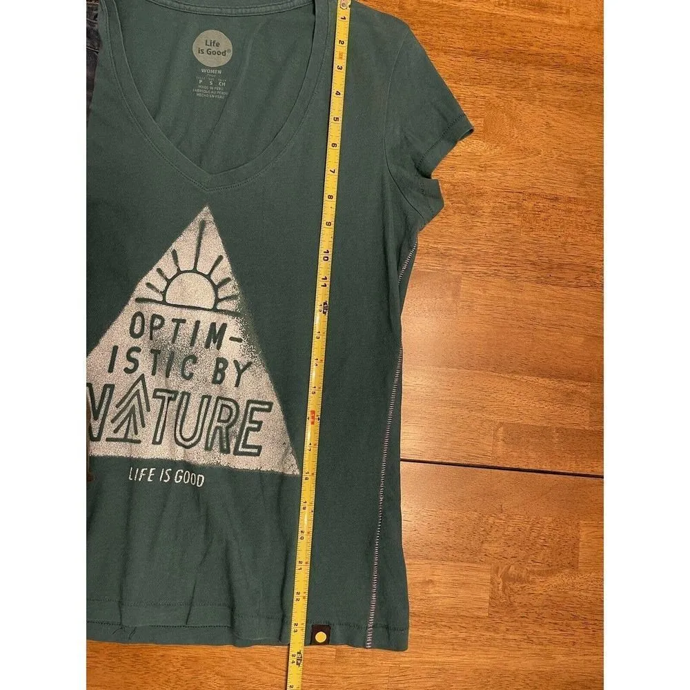 Women's Life Is Good Shirt Green Optimistic By Nature V-Neck Short Sleeve Small - Image 8