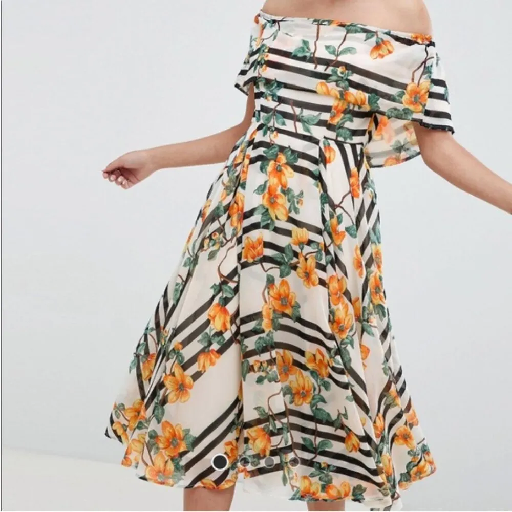 NWT ASOS Bandeau Midi Dress White Black Stripe Orange Floral Off Shoulder Size 4 - Image 13