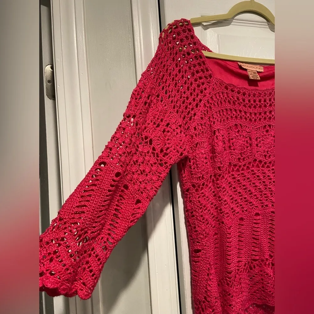 Bandolino Size L Pink Crochet 3/4 Sleeve Ramie Blend Top 3/4 Sleeve Scoop Neck - Image 6