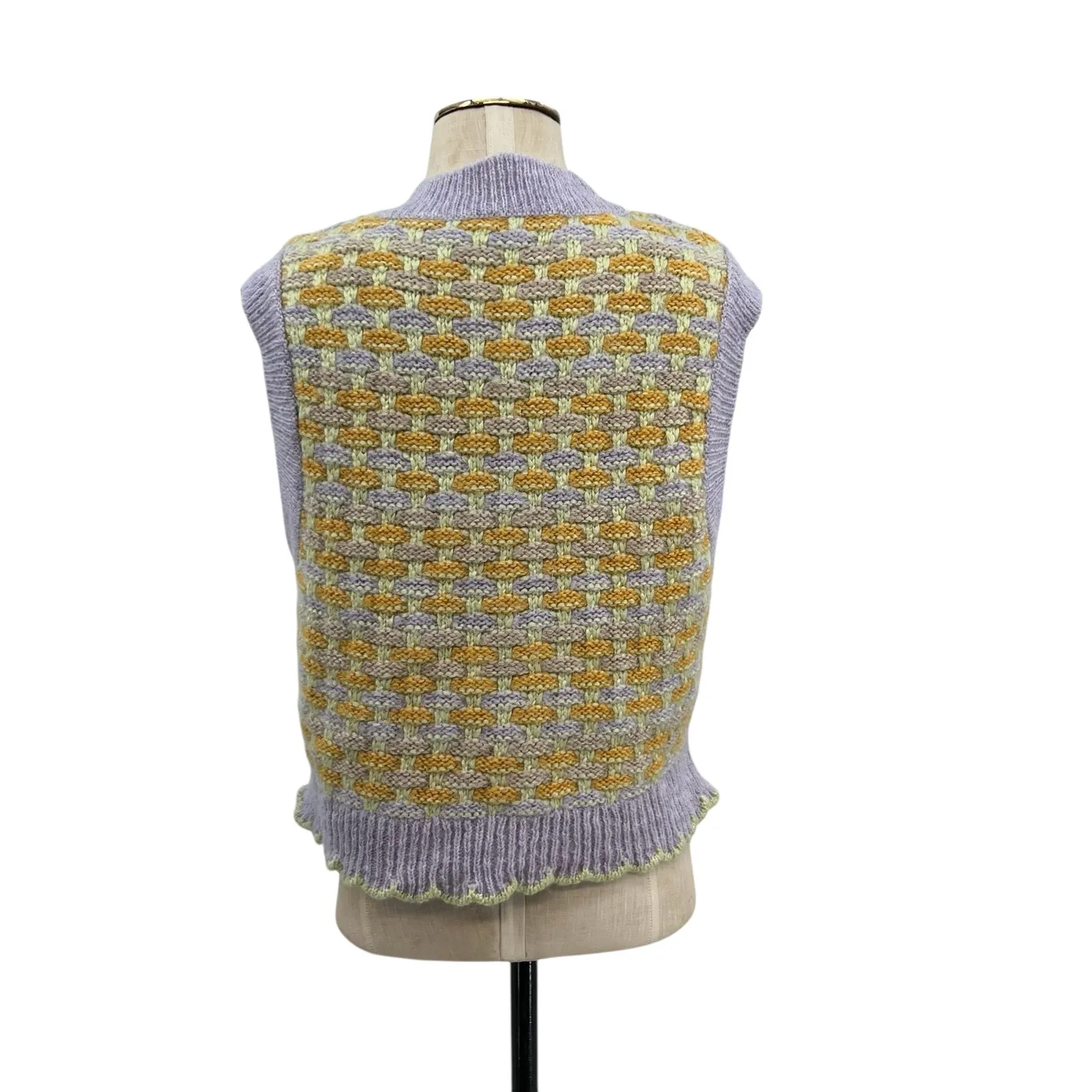 Mango Knit‎ Sweater Vest Scallop Hem Pastel Purple Yellow Size Small - Image 8
