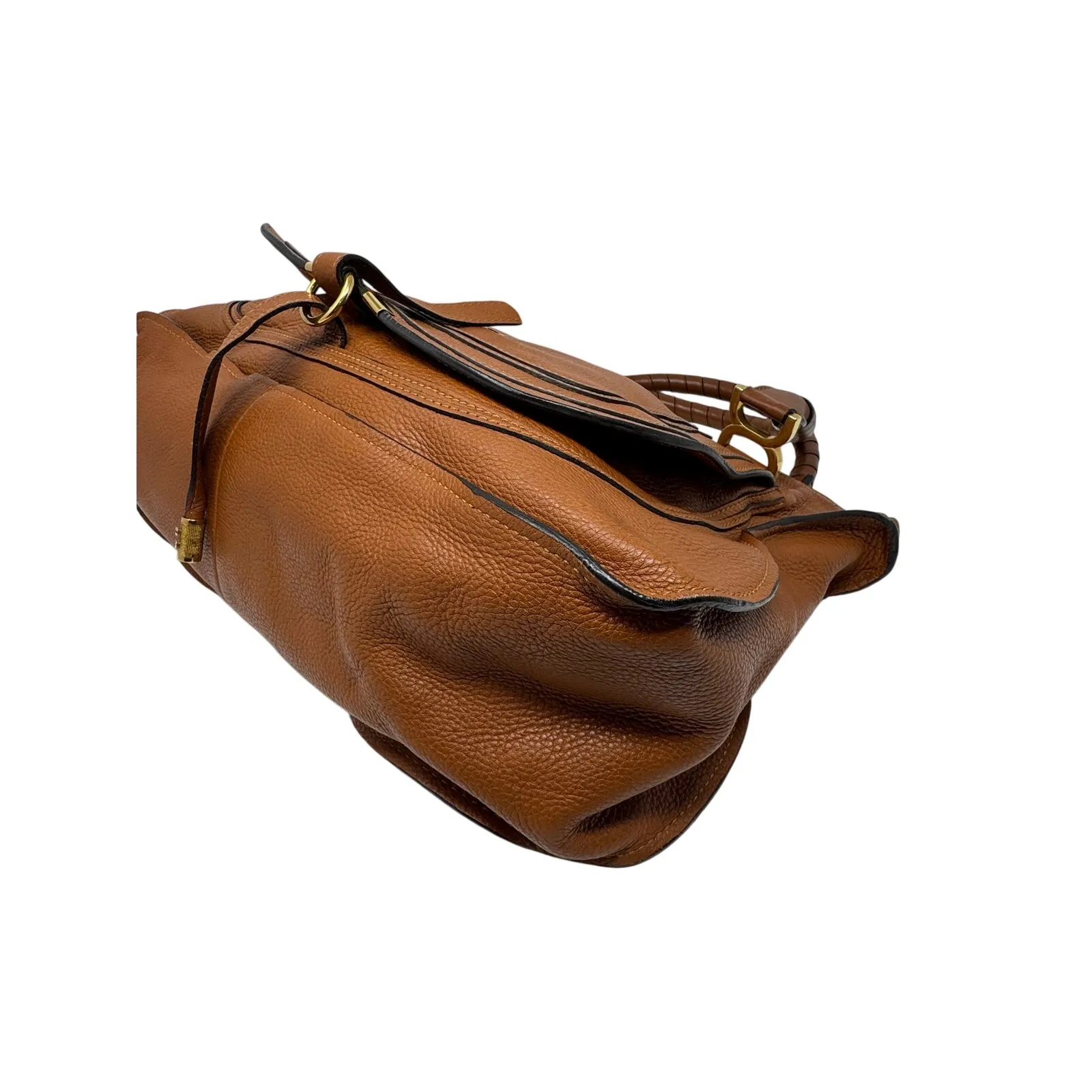 Chloe Large Marcie Pebbled Leather Satchel Bag Tan Cognac Gold Hardware w COA - Image 8